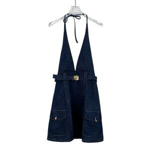 Miu Miu Dark Blue Cotton Denim Halter Dress With Belted Waist & Front Pockets Ma